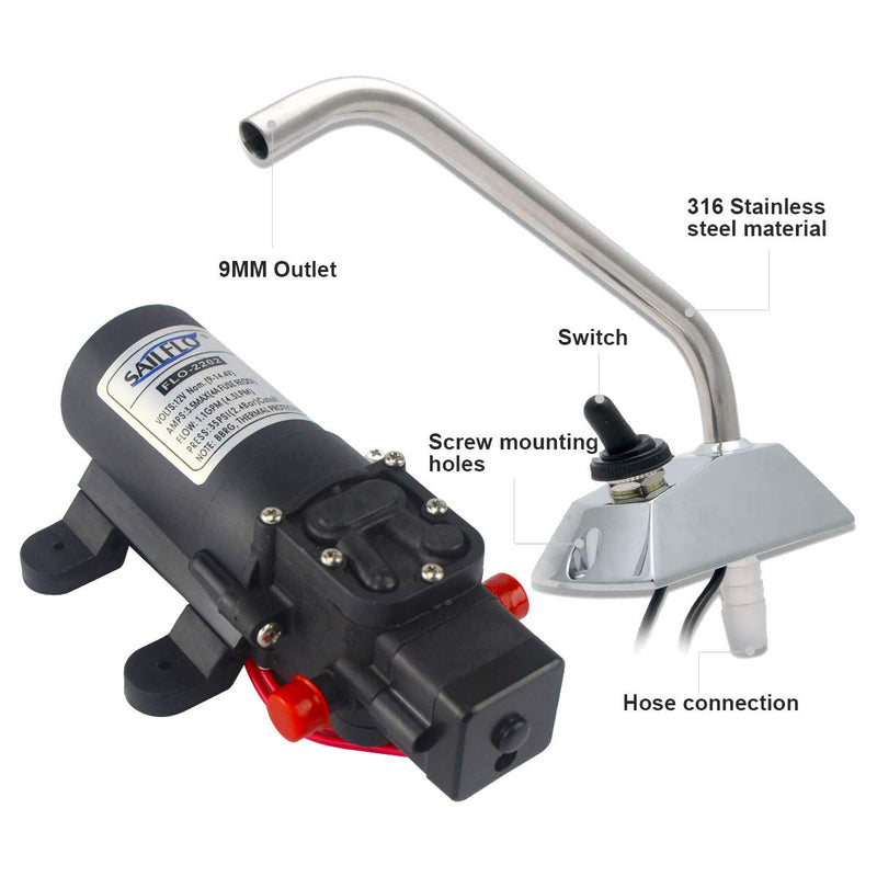 12v Water Pressure Diaphragm Pump 4.3 L/min 1.1 GPM 35 PSI with 360°Spin Faucet/Tap - Caravan RV Marine Boat