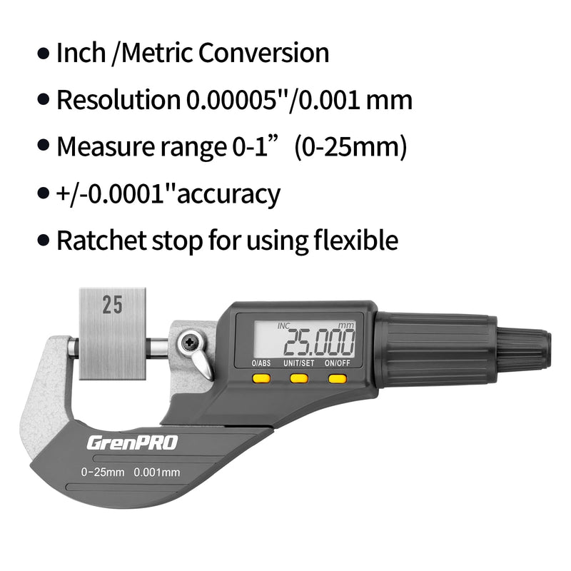 Digital Micrometer Measuring Tool, Professional Inch/Metric Precision Thickness Gauge with Extra Battery, DIY and Household Use 0.00005"/0.001 mm Accuracy Micrometers Machinist Tools 0-25mm