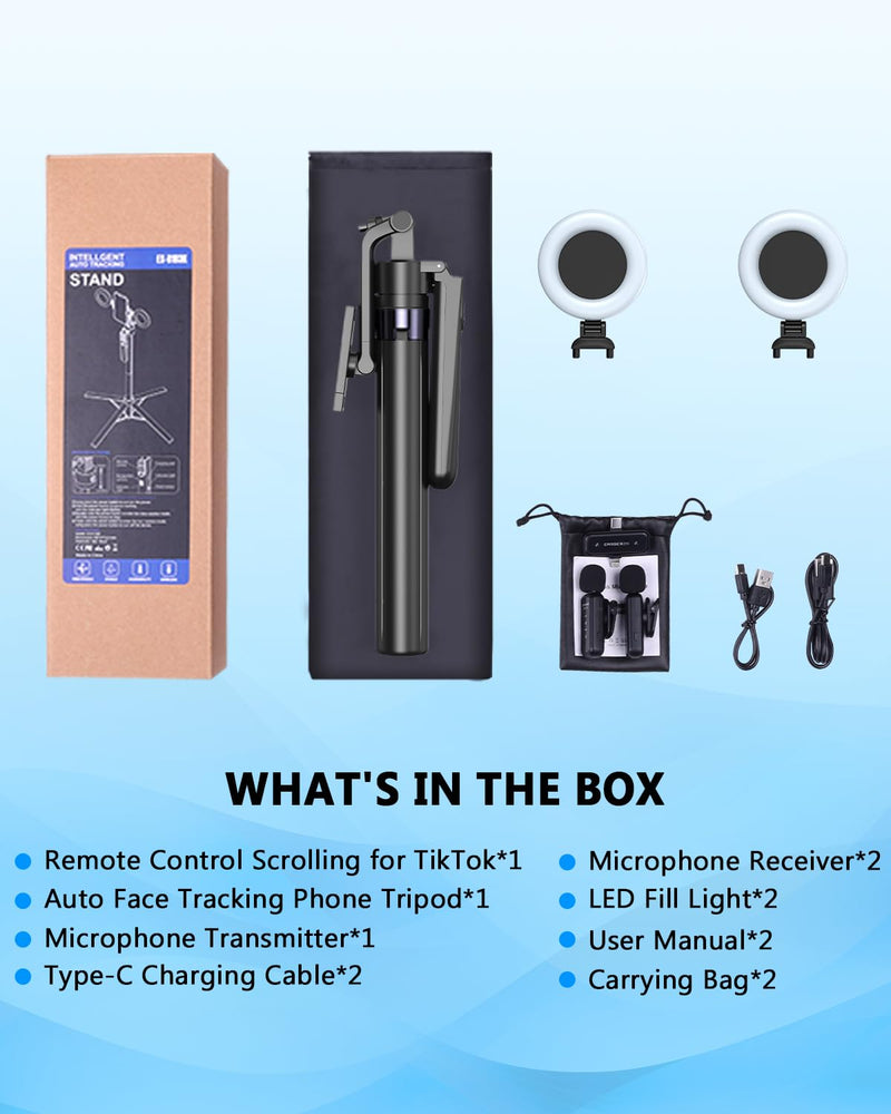 Vlogging Kit for iPhone/Android, 63”Auto Face Tracking Tripod for iPhone with Light, Wireless Microphones, Scrolling Remote Control for TikTok, Content Creator Kit for YouTube Starter Auto Face Tracking Tripod with Mic