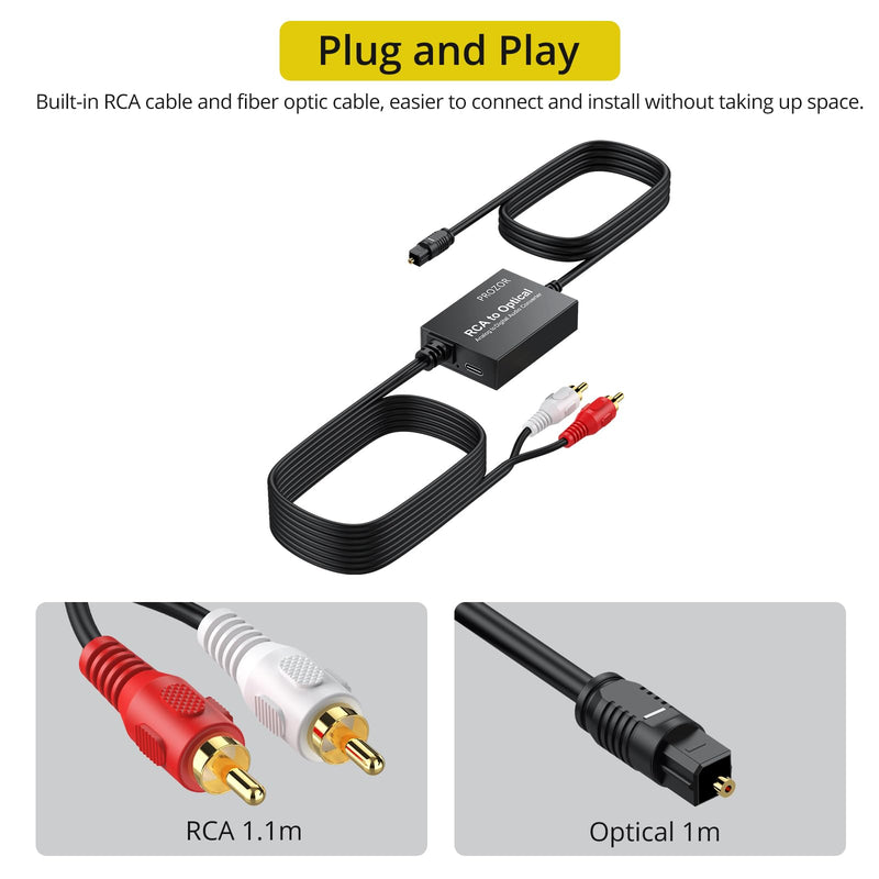 PROZOR Analog to Digital Audio Converter, RCA to Optical Audio Converter, with Built-in RCA to Optical Cable, Analogue Signals into Digital Audio, for Turntable/CD/DVD to Soundbar (Not Reversible)