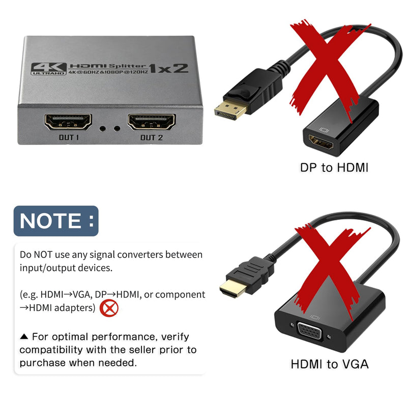 2026 Upgraded 4K@60Hz HDMI 2.0 Splitter 1 in 2 Out, 4K HDMI Splitter Duplicate Only, Support 18Gbps HDCP2.2 HDR 3D Dolby Vision, Compatible with TV Box, PS5, DVD Player Gery