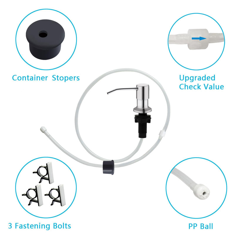 Kitchen Sink Soap Dispenser, Brushed Nickel Countertop Soap Dispenser Pump, 47" Silicone Extension Tube Connect to The Soap Bottle Directly, Say Goodbye to Frequent Refills With Tube Kit
