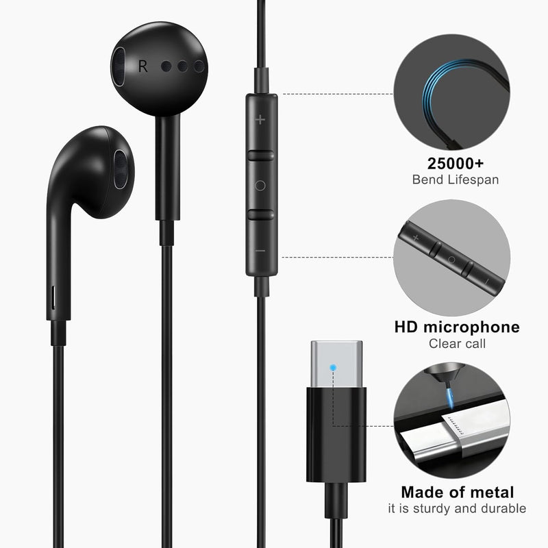 esbeecables USB C Headphones Wired, 2 Pack Type C Earphones with Mic & Remote Control, Noise Cancelling in-Ear Earbuds, Compatible for iPhone 17/16/15 Pro Max, Samsung S25, iPad, MacBook,Pixel (Black) Black