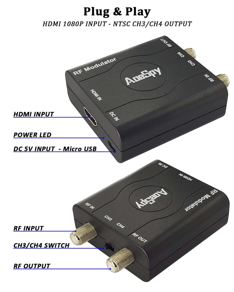 HDMI RF Modulator Coax Adapter VHF Converter w/Antenna ANT in/Out for PS4 Xbox Gaming Laptop Fire TV Stick Roku Blu-ray Player Chromecast DVR HD Digital Video to Analog Female F Type Coaxial NTSC TV