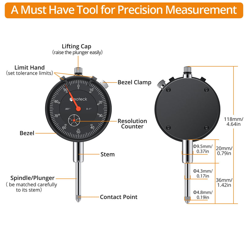 Neoteck 1"/0.001" Dial Indicator,Dial Indicator Gauge Full Metal Construction High Precision Tool for Lathe,Table Saw,Workshop and CNC Machining and Automotive Brake Caliper-Black Black