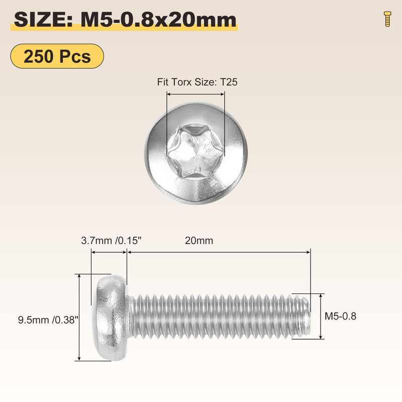 METALLIXITY Pan Head Torx Security Screws Bolts (M5-0.8x20mm) 250Pcs, Button Torx Head Machine Screws 304 Stainless Steel - for Furniture Woodworking Project, Silver Tone M5-0.8x20mm 250