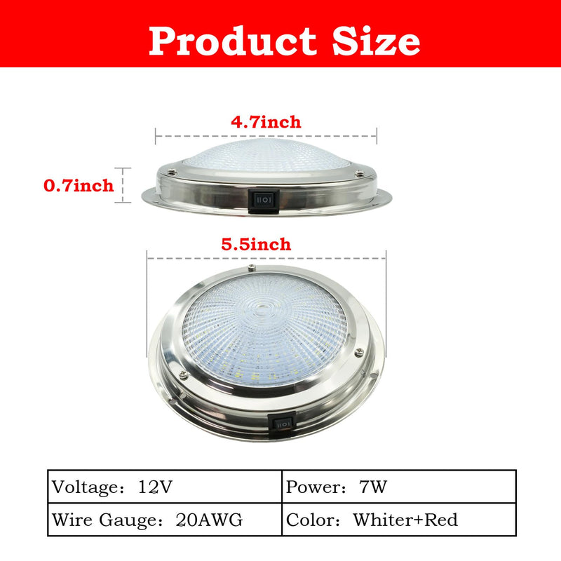 Marine Boat Dome Light, Dual Color 5.5" 12V LED Interior Cabin Lights with Toggle Switch, Stainless Steel Surface Mount (White|Red) White | Red