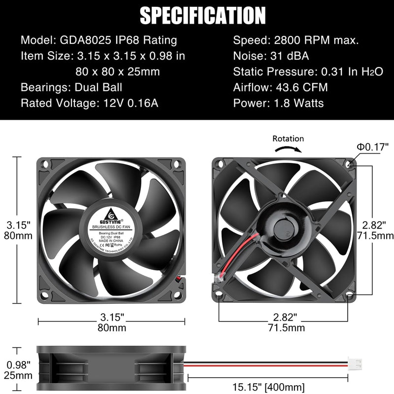 GDSTIME 80mm x 25mm 12V IP68 Waterproof Exhaust Fan Small Brushless DC Cooling Computer Case Fan 2 Pin Dual Ball Bearings for RV Fridge Ventilation, 2 Pack 80x25mm