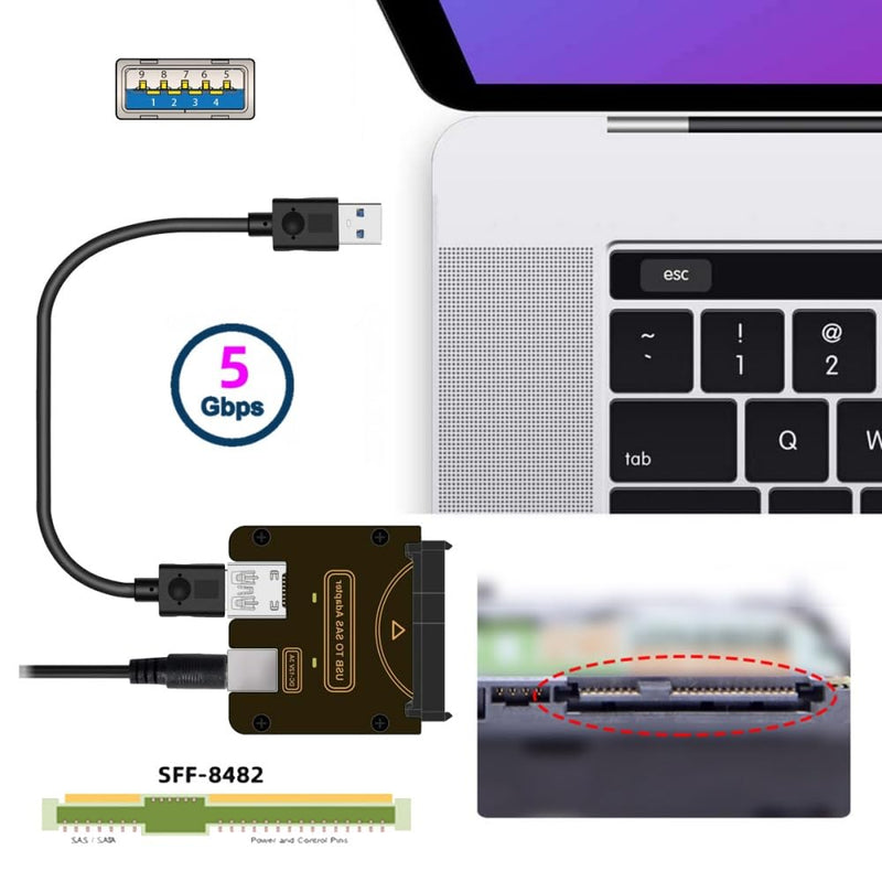 cablecc 29Pin SFF-8482 SAS to USB 3.0 5Gbps Hard Disk Drive Raid Adapter with Chipset and Power Port (Need 12V/3A Power Supply) SFF-8482 to USB3.0 cable with power supply