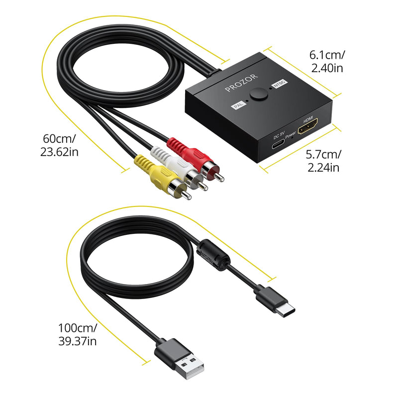 PROZOR HDMI to RCA Converter, 1080P HDMI to AV Composite Adapter Supports PAL/NTSC HDMI to AV Adapter for TV Stick Fire Stick Roku Apple TV Chromecast Plug and Play