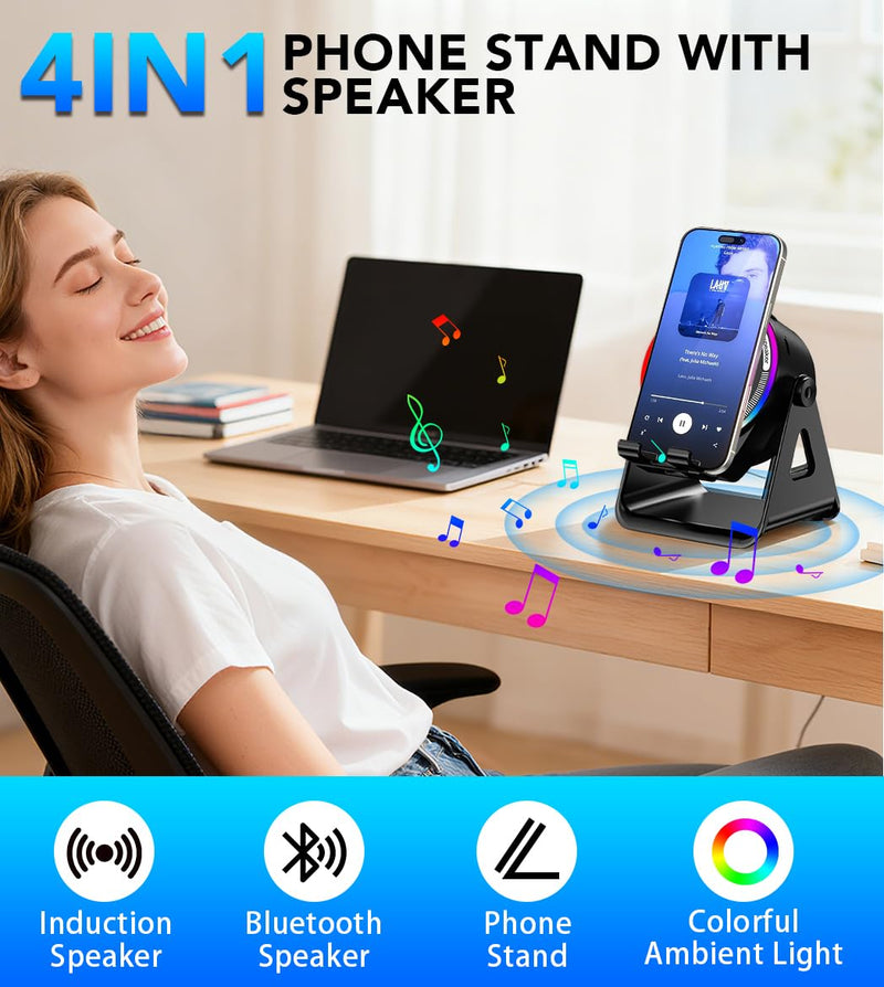 Bluetooth Speaker, 4-in-1 Wireless Induction Speaker & RGB Light Stand Multi-Functional Phone Stand Instant-Connect Stereo Sound, 360° Adjustable Holder for iPhone/Android/iPad/Samsung