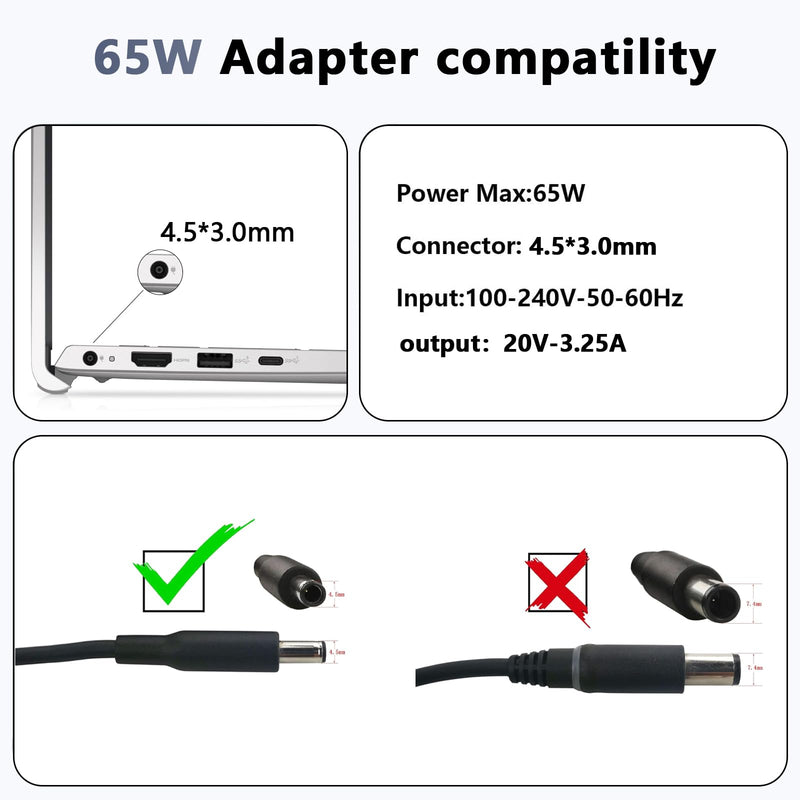 65W 4.5mm Tip Laptop Charger Compatible with Dell Inspiron 16 15 14 | For Dell Inspiron 15 3511 3520 3530 3535 3540 5559 5568 2-in-1, 16 5620 5630 5640 7640, 14 5420 5430 5490 2-in-1 AC Adapter
