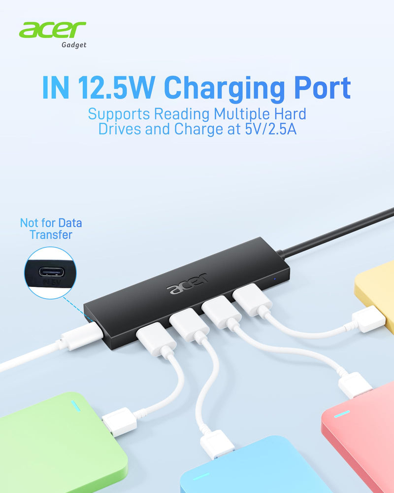 Acer USB Hub, 4 Ports Multiple USB 3.0 Hub, USB Data Hub for Laptop with USB C Power Port, USB Extender for A Port Laptop, Windows, Linux, Acer PC, and More(0.7ft) 0.7ft USB-A 3.0