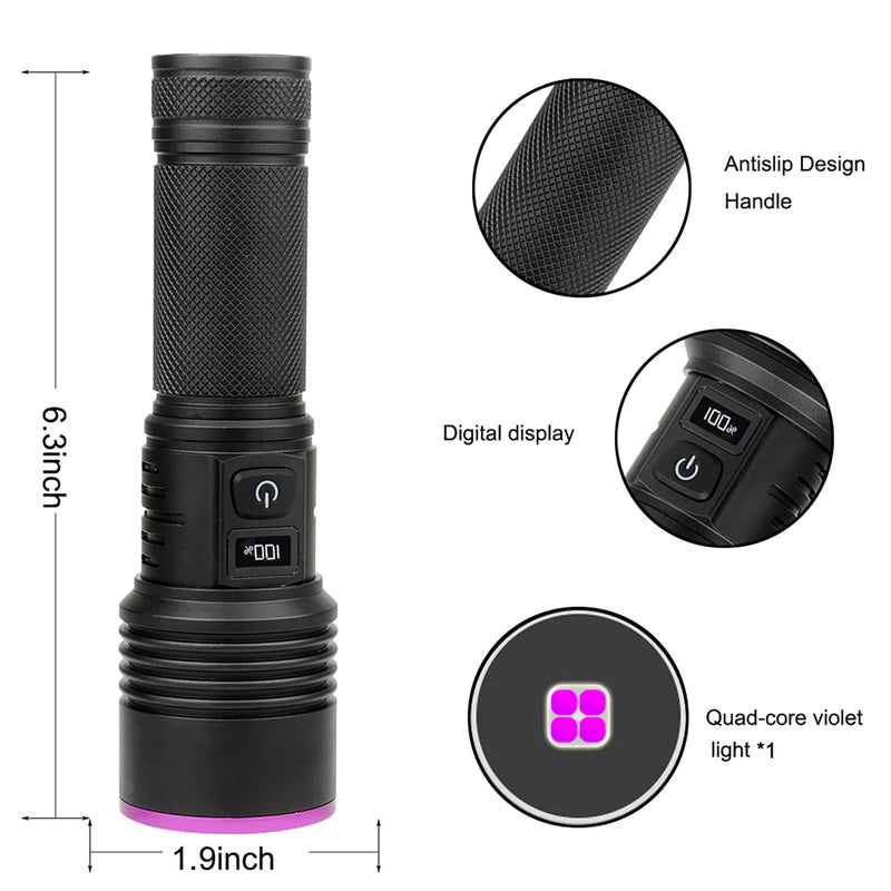 365nm Black Light Flashlight, UV Flashlight 7000 mAh Rechargeable with LCD Display, UV lamp for Pet Urine Detection, Blood Tracking, Scorpion, Uranium Glass, AC Leak 365nm 30W Rechargeable