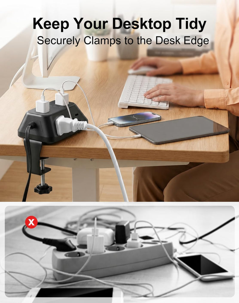 Desk Clamp Power Strip, 6 AC, 2 USB-C & 2 USB-A, 1440J, 6FT Cord | Fits 1.97in Desks, 17W Shared USB Charging, 45° Flat Plug & 3-Side Layout for Home Office, Standing Desk and Gaming Setups 6FT-Black