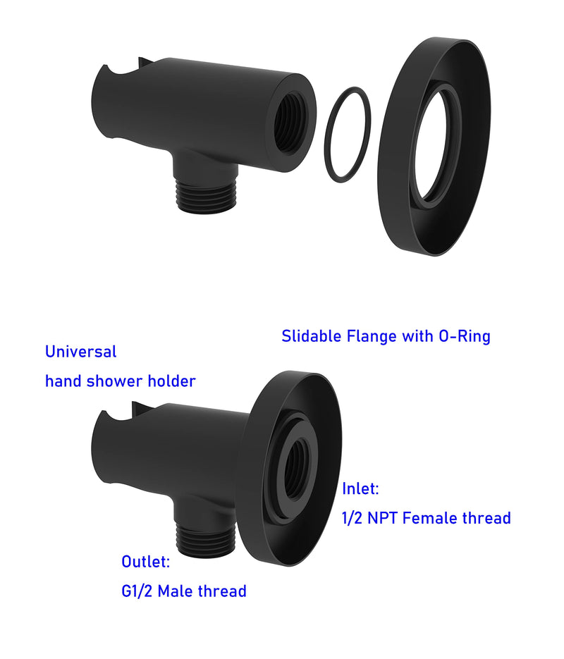 Wall Supply Elbow with O-Ring Flange, Electroplate Matte Black, Solid Brass Wall Union with Hand Shower Holder, Tapered 1/2 NPT Female Inlet, Round, W/Handheld Showerhead bracket, G1/2 Outlet