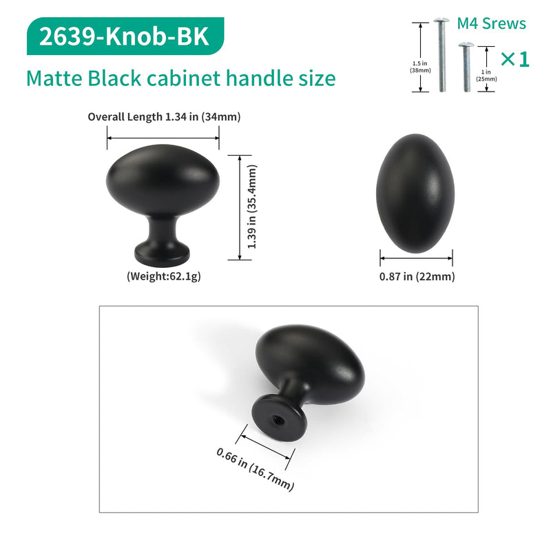 10 Pack Oval Cabinet Knobs, 1-1/3 Inch Zinc Alloy Drawer Knobs, Matte Black Cabinet Hardware for Kitchen Cabinets, Bathroom, Dresser and Vanity 10