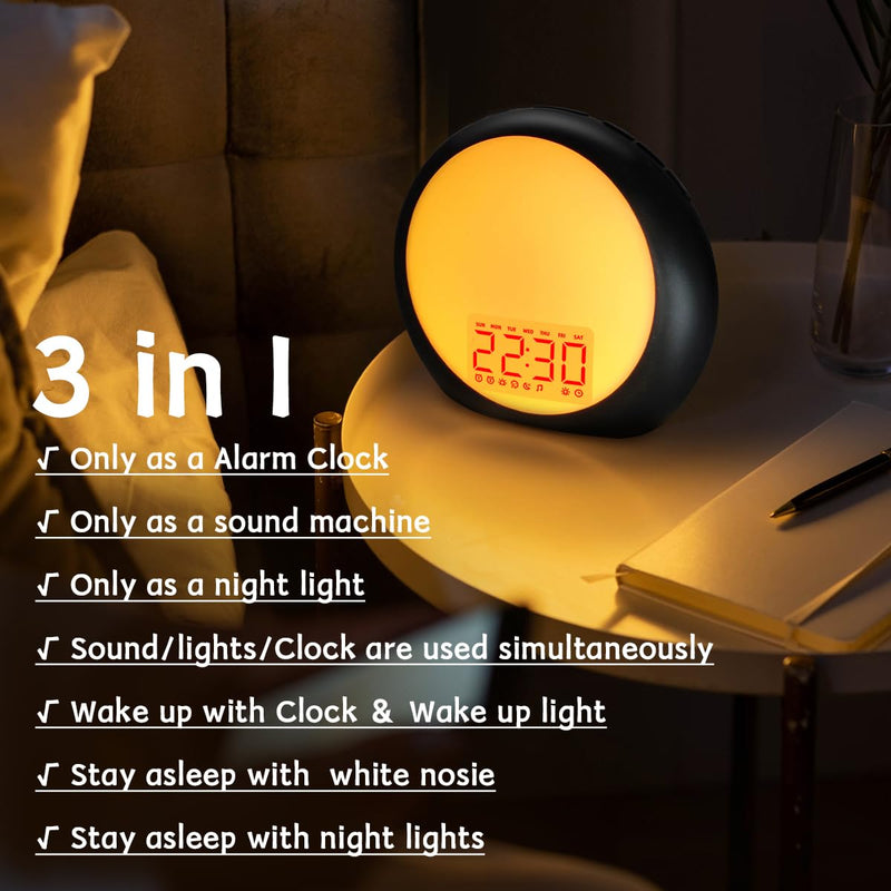 Sunrise Alarm Clock Wake Up Light for Kids Heavy Sleepers Bedroom with Sunrise Sunset Simulation Sleep Aid Dual Alarms Snooze Nightlight Brown Noise sound machine with 25 Nature sounds for Sleeping Black