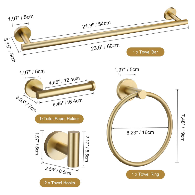 TURS Brushed Gold 5 Piece Bathroom Hardware Set, SUS304 Stainless Steel 24 Inch Bath Towel Bar Set, Round Bathroom Accessories Kit Wall Mounted Set D Brusehd Dark Gold