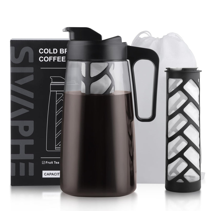 Sivaphe Large Ice Cold Coffee Maker 2 Quart, Dishwasher Safty Traitan Carafe Pitcher Leak Proof, Reusable Filter 64 oz Iced Hot Coffee Tea Method Brewer Black+clear