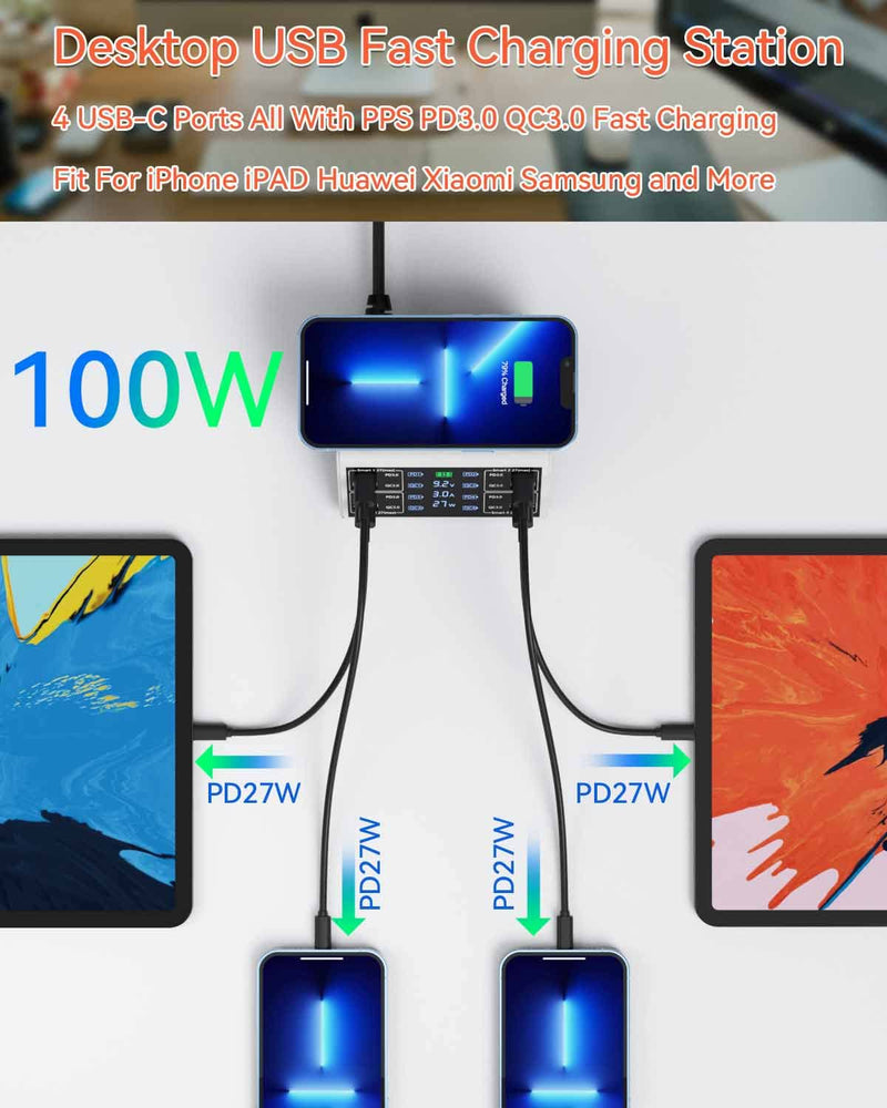 USB Charging Station,100W 8-Port Charging Station for Multiple Devices with 4 QC3.0+4 USB-C PD Ports,Wireless Charger,Multi Fast Charging Hub Charger Station for iPhone,Samsung, iPad White