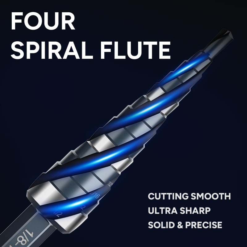 Four Spiral Flute Step Drill Bit Set, 1/8"-1-3/8" (59 Sizes), 5PCS High-Speed Steel Unibit Step Bits with 1/4" and 3/8" Hex Shank for Stainless Steel,Metal,Aluminum,Wood,Plastic HSS 5 Piece(Black)
