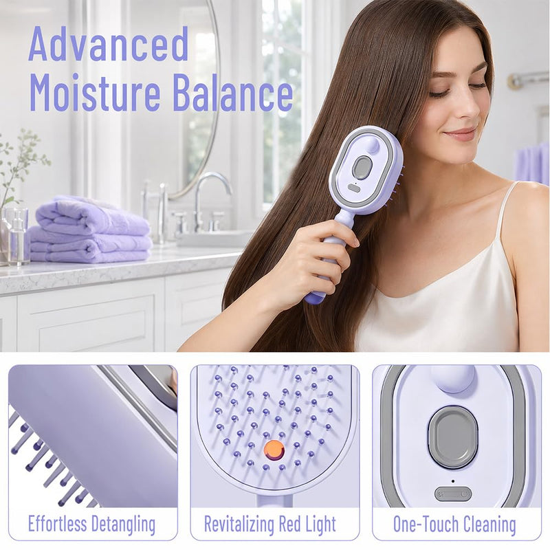 Electric Spray Air Cushion Massage Comb, Rechargeable Detangling & Anti-Frizz Hair Brush, Hair Brush with Water Spray, Self-Cleaning Anti-Tangle, Steam Hair Straightener for Wet & Dry Hair(Purple)