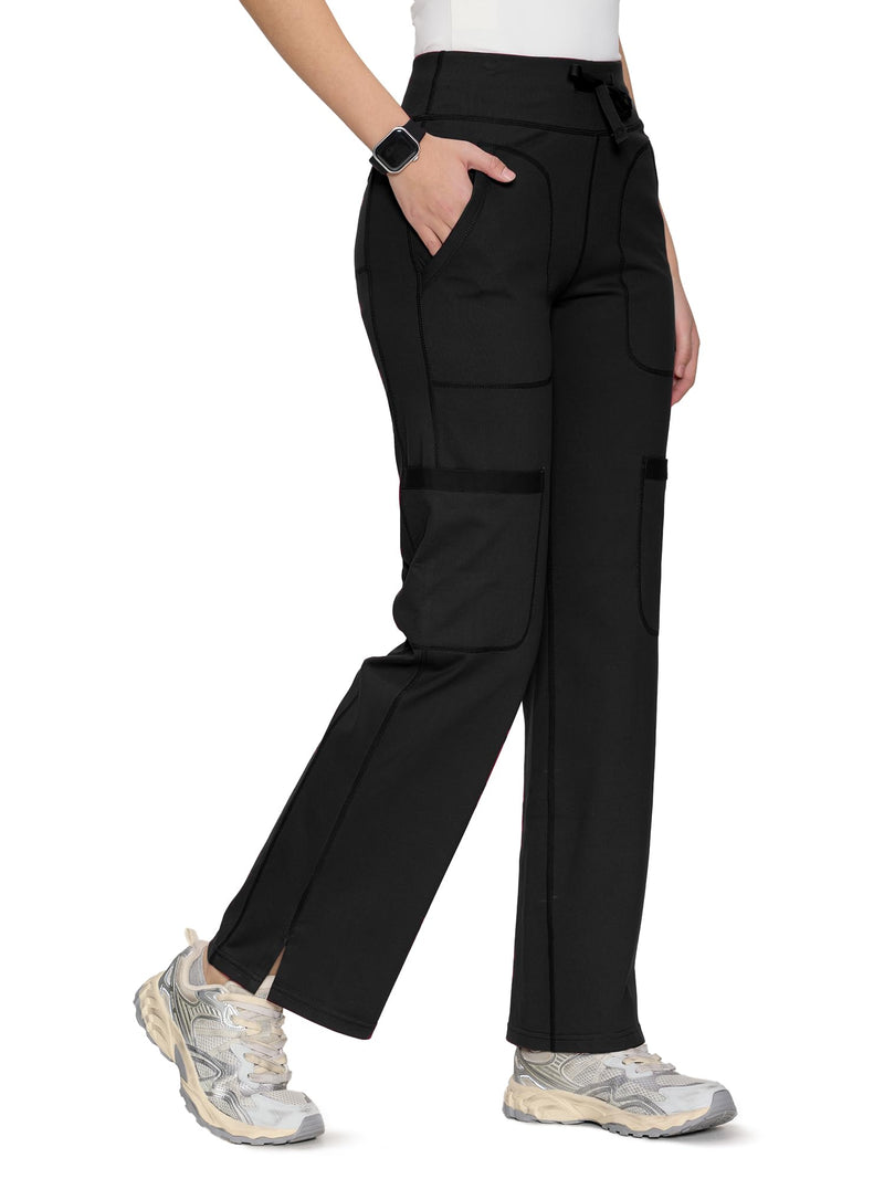 Yoga Scrub Pants for Women Soft Stretch Mid Rise Straight Leg Cargo Bottom with Drawstring,5 Pockets Medium Black