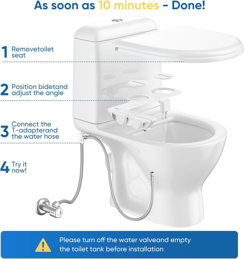 Ultra-Slim 3-in1 Bidet, Self-Cleaning, Posterior&Feminine Wash-(Retractable Dual Nozzles), Non-Electric Bidet Attachment for Toilet Seat, Adjustable Fresh Cold Water Pressure, Stainless Steel Inlet 1PCS-White + Cold Water