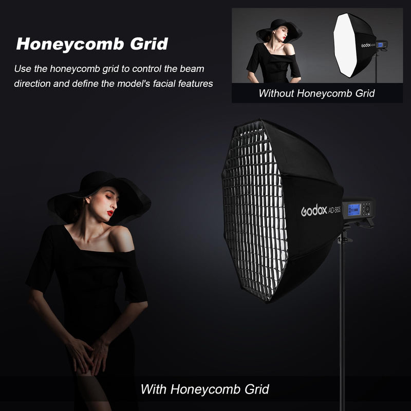 Godox AD-S60S Softbox Godox Mount Softbox 60cm/23.6inch with Grid Diffusers Reflector Carry Bag for AD400 Pro AD300 Pro Strobe Flash and ML100bi ML100RGB ML60 ML60Bi ML60II Bi ML30 ML30Bi LED Light
