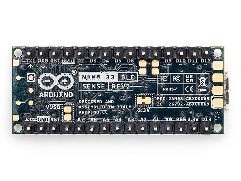 Arduino Nano 33 BLE Sense Rev2 with Headers [ABX00070] – AI Microcontroller with Sensors, Bluetooth, for Wearables, Gesture & Voice Recognition