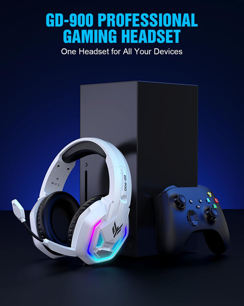 Gaming Headset for Xbox Series X|S Xbox One PS5 PS4 PC Switch Mac, Wired | 7.1 Surround Sound Over Ear Headphones, RGB Lighting, Flip Noise Canceling Mic, 50mm Drivers, Memory Foam Earcups White