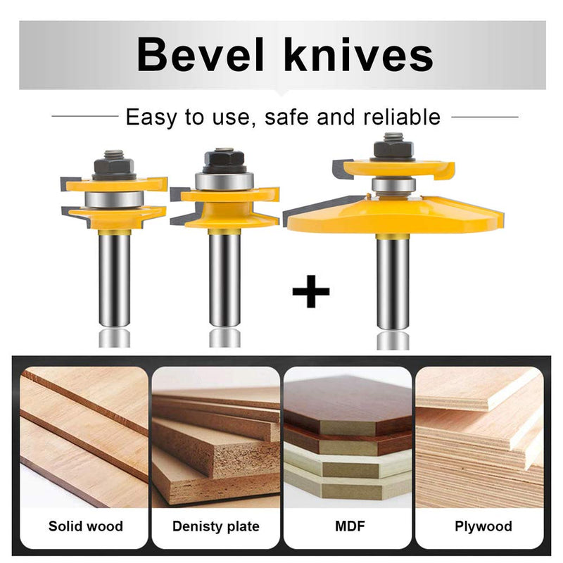 OLETBE 3 PCS Router Bit Set, 1/2-Inch Shank Round Over Raised Panel Cabinet Door Rail and Stile Router Bits, Woodworking Wood Cutter, Wood Carbide Groove Tongue Milling Tool (Square) SQUARE