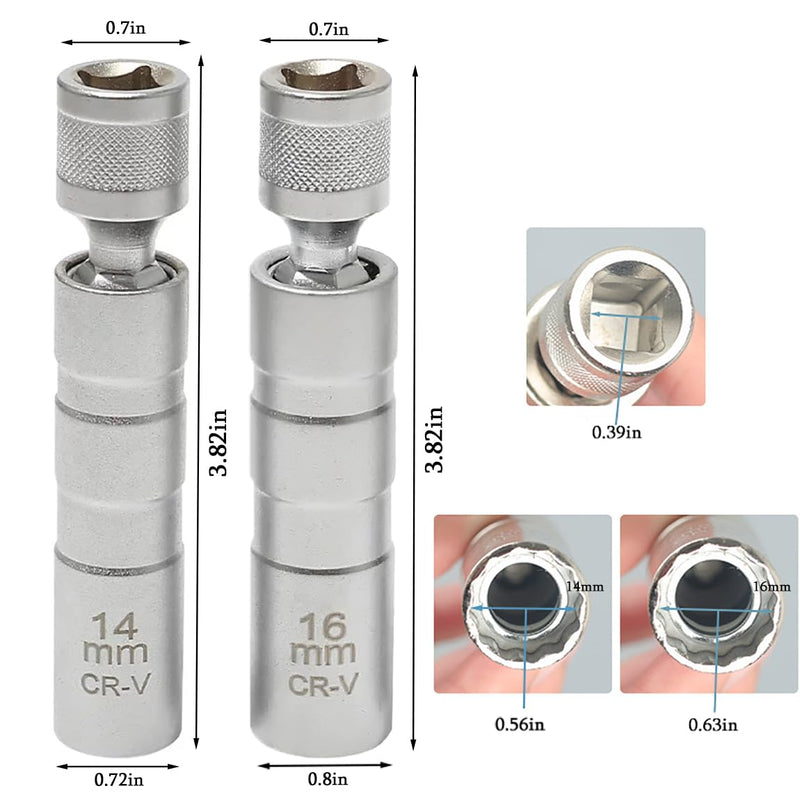 14mm&16mm （9/16"&5/8"） Magnetic Swivel Spark Plug Socket,Thin Wall 12 Points 3/8" Drive Spark Plug Socket,Car Tools,Magnetic Rotating,360-Degree Swivel,Suitable for Most Motorcycle,Car,SUV Short 2PC（14+16mm）