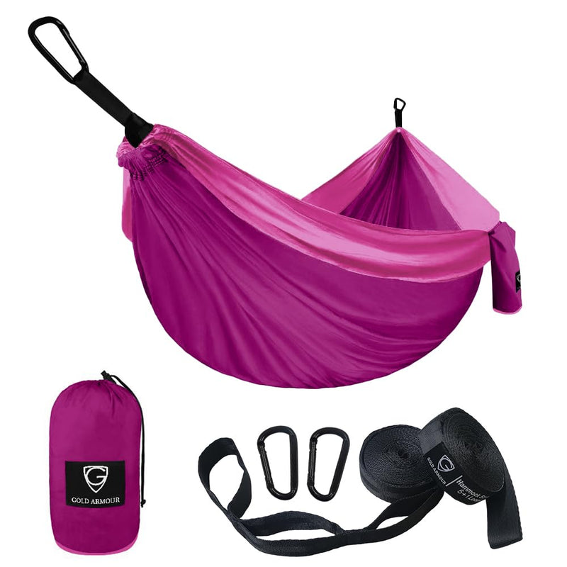 Gold Armour Camping Hammock - Portable Hammock Single Hammock Camping Accessories Gear for Outdoor Indoor Adult Kids, USA Based Brand (Fuchsia & Pink) Fuchsia & Pink