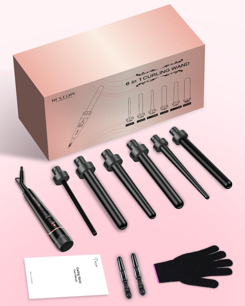  [AUSTRALIA] - BESTOPE PRO Hair Curler 6-in-1 Curling Wand Set, Curling Iron with 2 Temperature Control, Curling Tongs with Heat-Resistant Glove and 2 Hair Clips Black 6 in 1