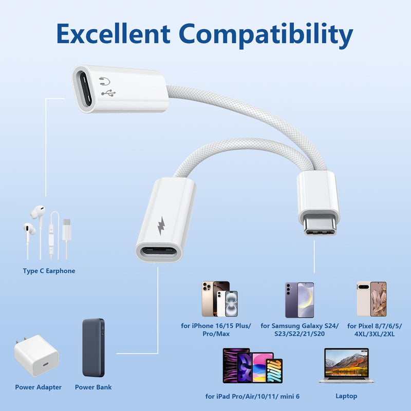 USB C Splitter 1 in 2 Out, Dual USB-C Charger and Headphone Adapter, USB-C Splitter PD 60W Fast Charging, Type C Audio Adapter Dongle Cable for Apple iPhone 15 16 17/iPad Pro/Galaxy/Pixel (1PACK) USB-C to USB-C and USB-C 1 PACK