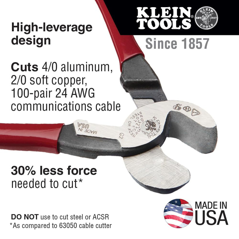 Klein Tools 63225 Cable Cutter, Made in USA, 9-Inch High Leverage Cutter for Aluminum, Copper and Communication Cable Standard Cutter