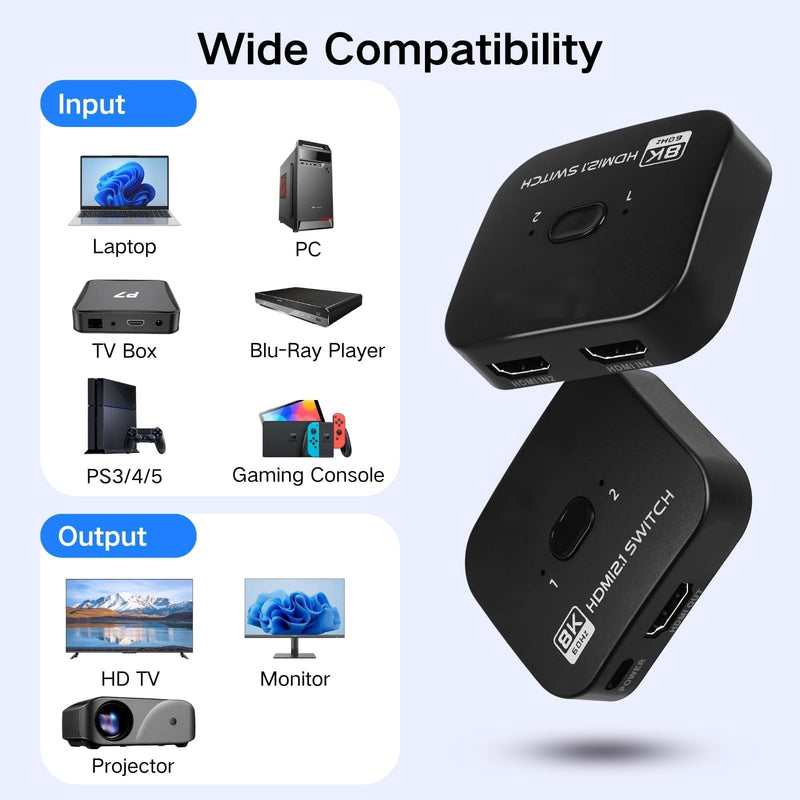 8k@60hz HDMI Switch Splitter 2 in 1 Out, 2x1 Auto Bi-Directional HDMI 2.1 Switcher Selector, Supports 48Gbps HDR HDCP 2.2, Compatible with PS5/PS4, Xbox Series, Fire Stick, Roku, PC, Switch
