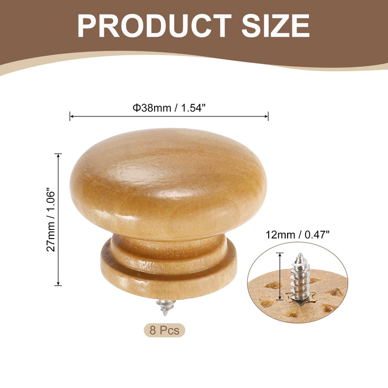 uxcell 8Pcs Round Wood Drawer Knob, 1.54" x 1.06" Self-Tapping Solid Wood Handle Round Cabinet Knob Mushroom Shape Wooden Knobs for Furniture Dresser Wardrobe, Wood Color 1.54" x 1.06"