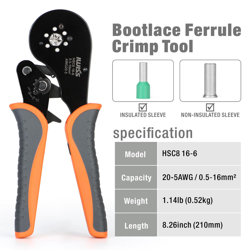 iCrimp Self-adjustable Crimping Tools Plier for AWG20-5 Bootlace End-sleeves Ferrule, Ratchat Wire Crimping Tool