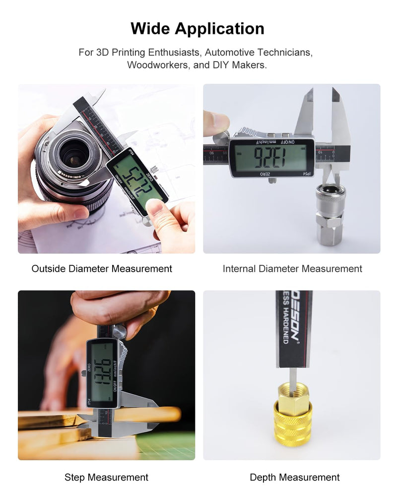 GODESON Digital Caliper, 6 Inch Rechargeable & Power Indicator Caliper Measuring Tool - 0.01mm Accuracy, Large LCD Vernier Calipers - IP54 & Full Stainless Steel, MM/Inch/F for Wood Working, DIY，3D 6-INCH USB-C