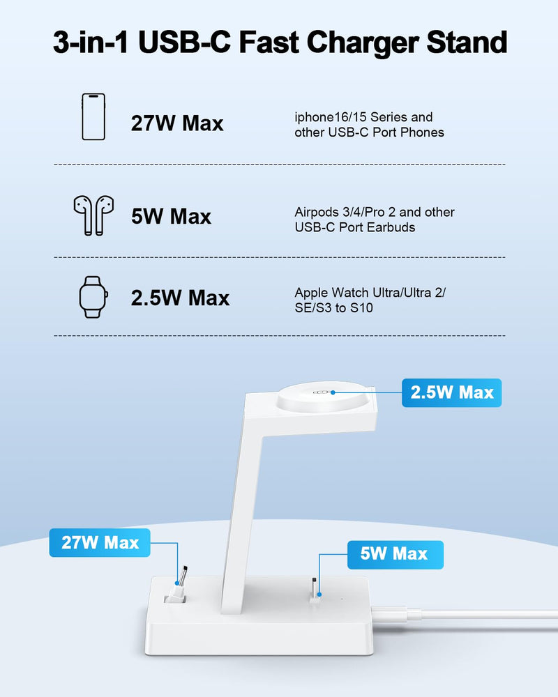 30W Fast Charging Station for Apple Devices - ADADPU 3 in 1 USB C Charger Stand for iPhone 17 16 15 Pro Max Plus & AirPods 4,Wireless Charger Dock Compatible with Apple Watch Ultra/10/9/8/7/6/5/4/3/SE