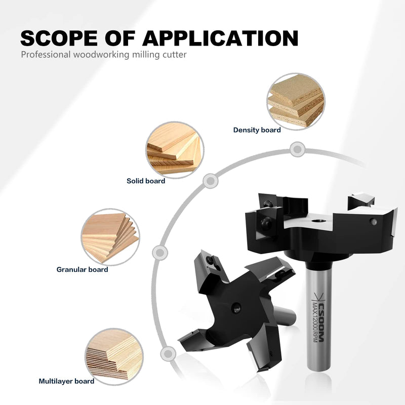 CSOOM CNC Spoilboard Surfacing Router Bit 1/2" Shank 3" Cutting Diameter,4 Wings Coated Carbide Insert Slab Flatting Router Planer Bit Wood Planing Bit Woodworking Tools 3" 4 wings