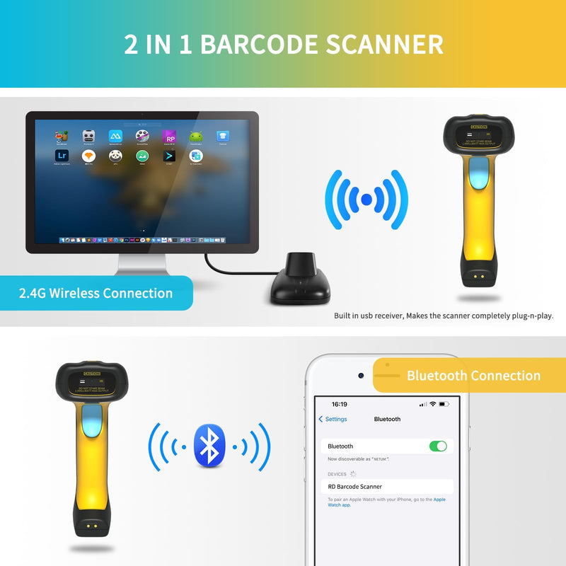 NETUM Upgraded QR Industrial Bluetooth Barcode Scanner with Charging Dock, Wireless 2D 1D Bar Code Reader 2600mAh Drop Protection Shock Dust Proof Hands Free for Windows Mac Android iOS (NT-1200) NT-1200