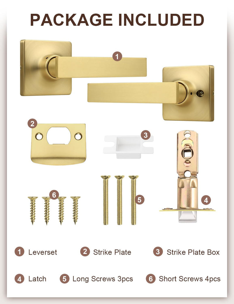 Mengico 1 Pack Passage Door Levers Gold Finish, No-Locking Keyless Square Door Knob, Interior Door Handles for Closet and Hallway, Reversible for Left & Right Handed