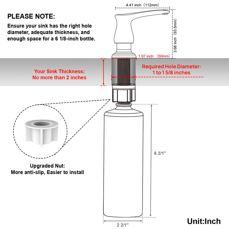GAGALIFE Kitchen Sink Soap Dispenser - Brushed Nickel Built in Soap Dispenser with 17 OZ Bottle, Lotion Dispenser for Kitchen Sink, Refill from The Top with Bottle