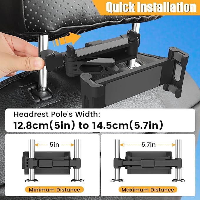 Universal Car Headrest Tablet Mount for iPad Tablets, Nintendo Switch, iPhone, Smartphones, Compatible w/ 4.5"-10" Device, 360° Rotation, Easy Installation, Black