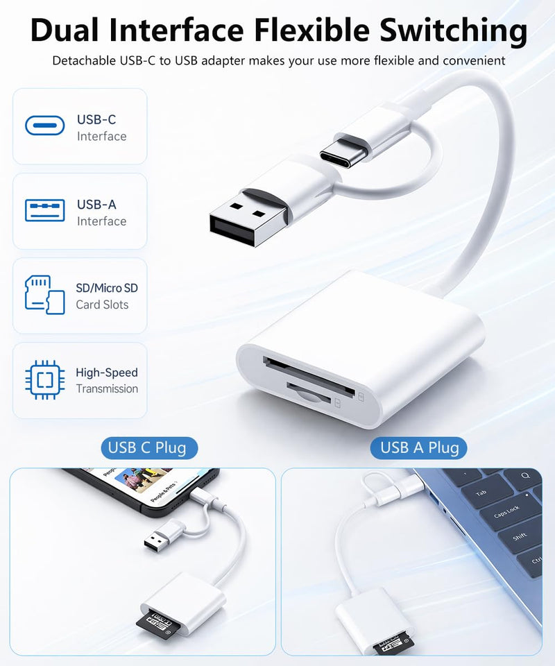 USB C & USB SD Memory Card Reader Digital Camera Viewer Adapter for iPhone | Micro SD and SD Card Reader for iPad, Mac, PC, Android Phone, Plug & Play No App, High Speed Sync, Digital Camera Accessories