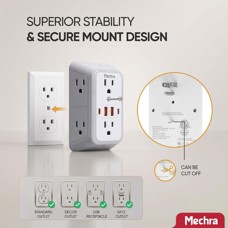 10-in-1 Wall Outlet Extender with Night Light, 3-Sided Multi Plug Surge Protector (1050J), 6 Wide Spaced AC Outlets & 4 USB Ports, Wall Mount Wall Charger for Home, Office, School & Travel White Standard